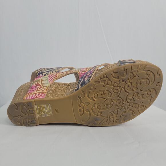 L'Artiste Bonvoyage Sandals size 38 Navy Multi Leather Hand Painted Floral Boho - Picture 12 of 13